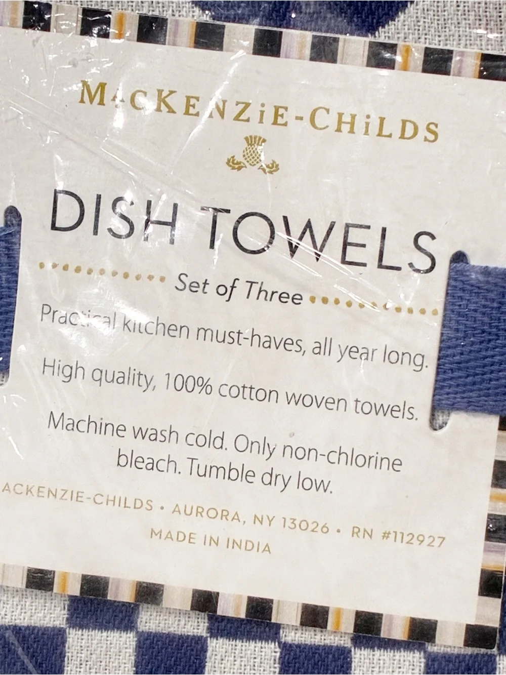 MacKenzie-Childs Blue & White Zig Zag Kitchen Dish Towels Set of 3 NEW
